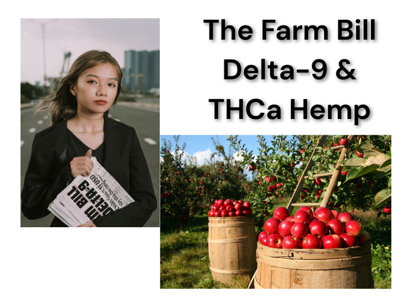 Farm Bill and Delta-9 thc There are two images: A woman holding a newspaper with headline "FARM BILL DELTA-9" partly visible; Farm fresh apples in wooden barrels. Heading reads, "The farm bill delta-9 & THCa Hemp
