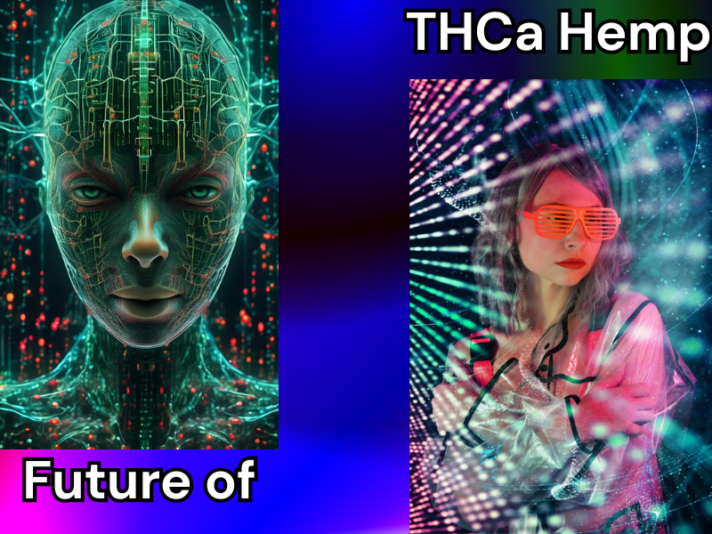 Future of THCa hemp Heading: Future of THCa Hemp: with image of futuristic AI android looking womand and a futuristic scene with a woman wearing spacey eyewear