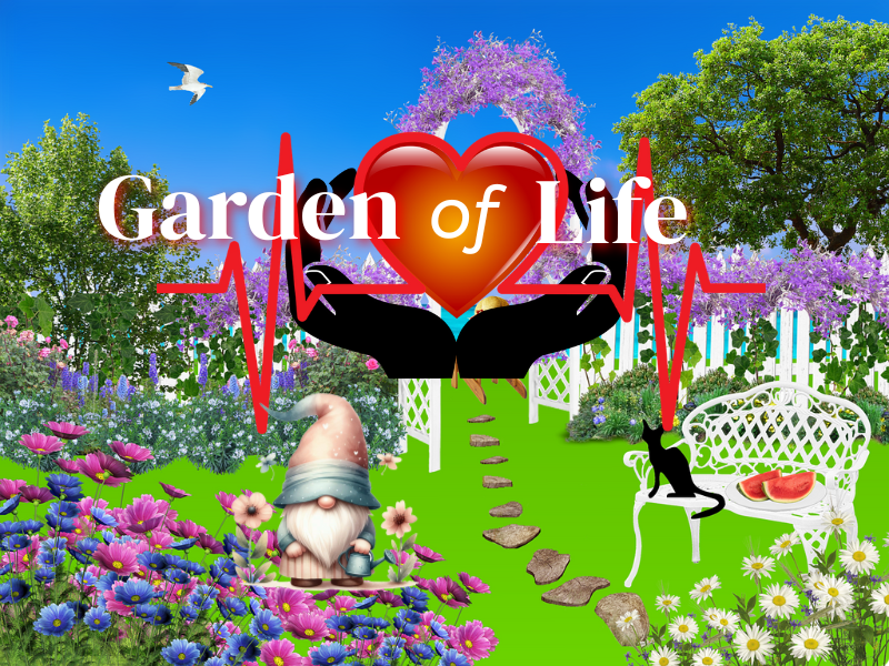 Imagine an animation image of a beautiful garden complete with garden gnome, trellis and wroght iron bench, supermposed over the garden is a pair of hands holding a heart. a heartbeat monitor pulse and the words Garden of Life across the pulse/heart.