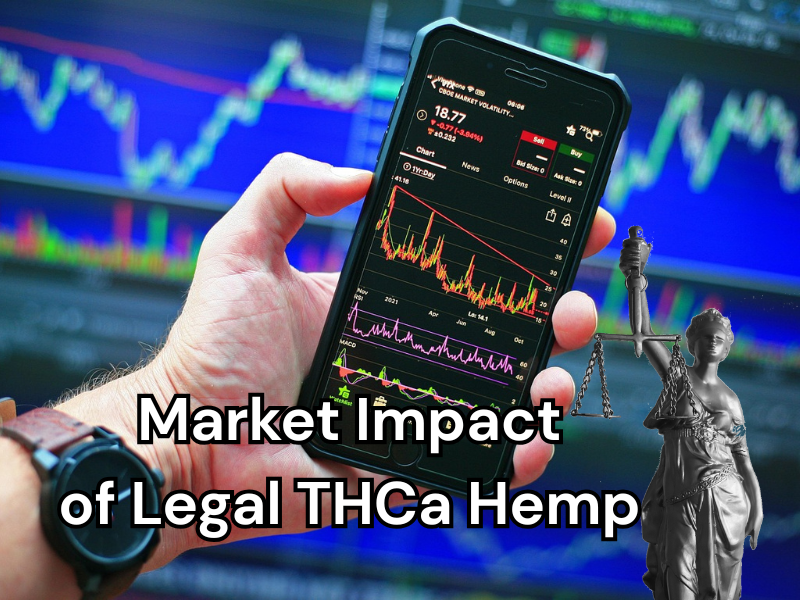 Legal thca hemp impact on market Market Impact of Legal THCa Hemp. Cell phone is held in front of a computer screen, both with stock market imagery. a small statue of Lady Liberty at the side of the image