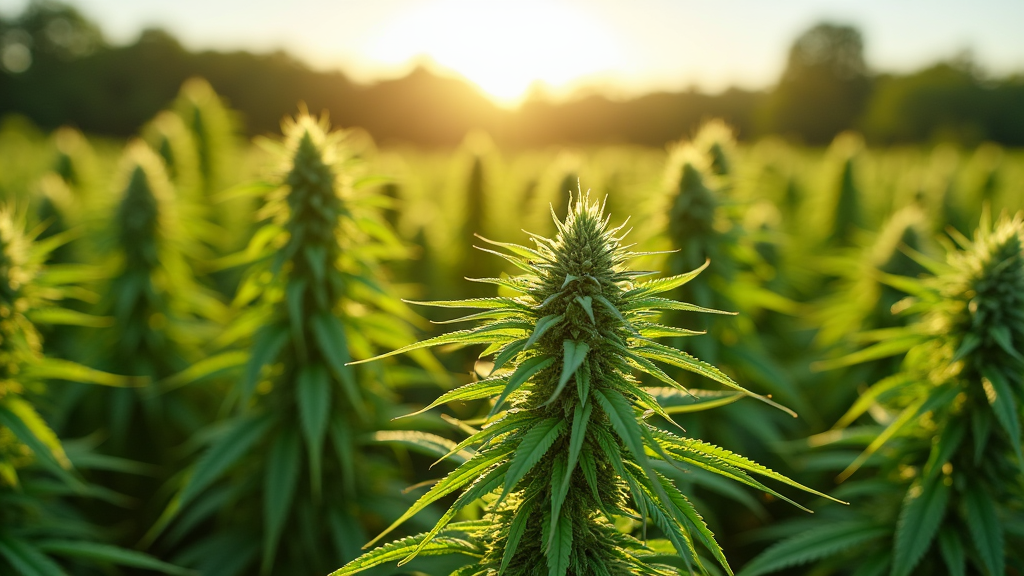 A field of cannabis plants with the sunrise in the background