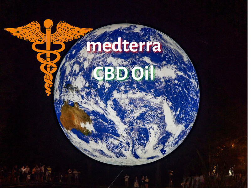 Outer space view of the earth. There's a medical caduceus beside the earth and Medterra CBD oil written over the earth. M